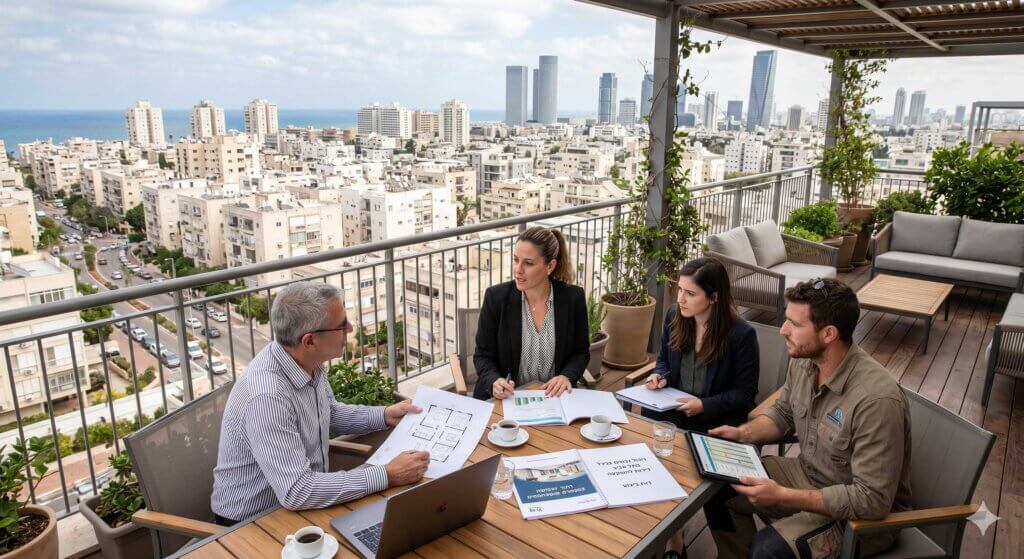 מנהל של דירת השקעה בתל אביב במהלך פגישה עם בעלי מקצוע