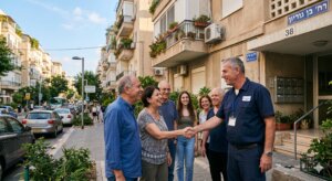 מנהל חברת ניהול מקצועית לוחץ ידיים עם דיירים מרוצים בבניין בגוש דן