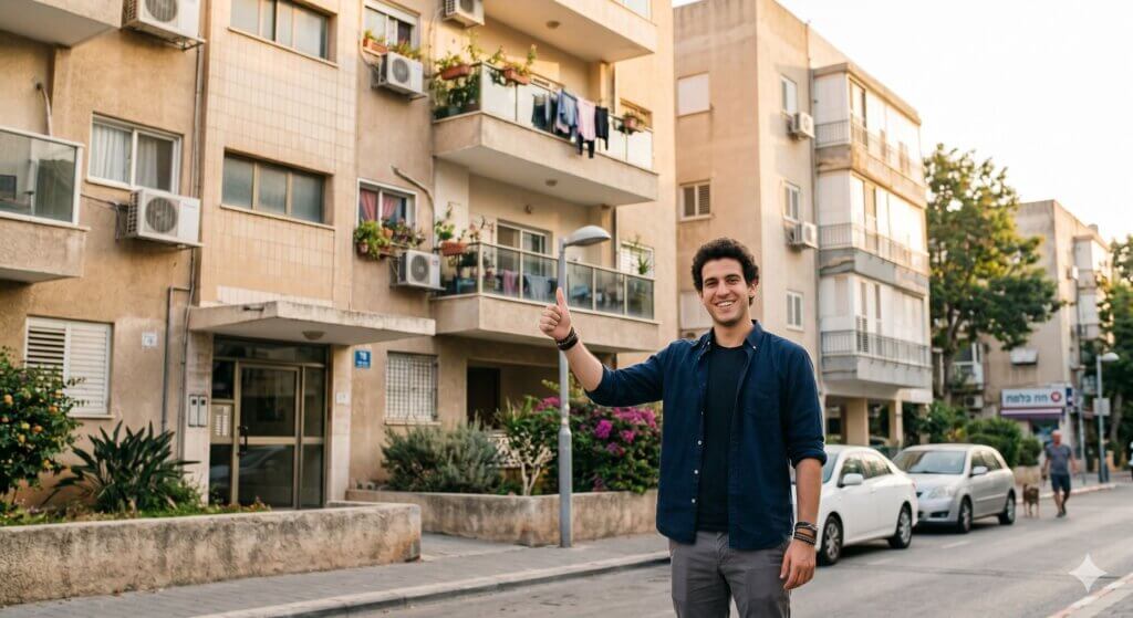 איש צעיר שהשקיע בדירה בפתח תקווה מחייך ומסמן לייק